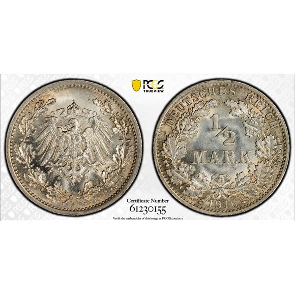 GERMANY: Kaiserreich, AR 1/2 mark, 1916-A, PCGS MS66