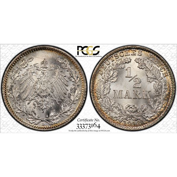GERMANY: Kaiserreich, AR 1/2 mark, 1916-D, PCGS MS67