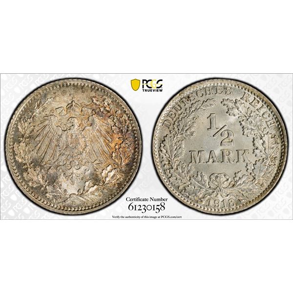 GERMANY: Kaiserreich, AR 1/2 mark, 1916-D, PCGS MS67