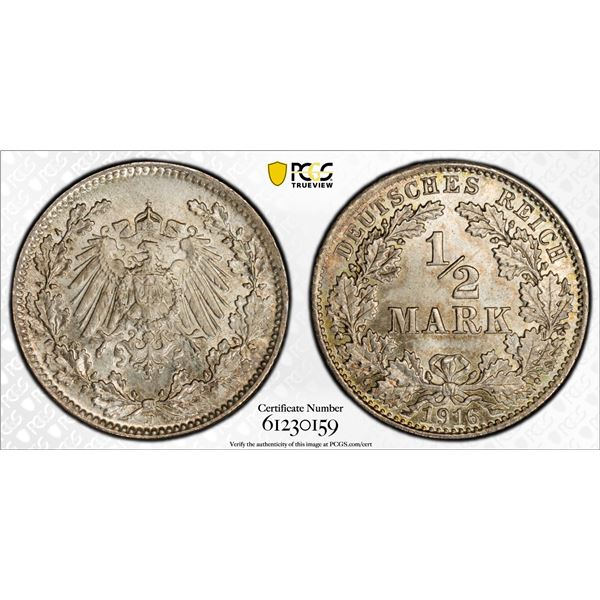 GERMANY: Kaiserreich, AR 1/2 mark, 1916-D, PCGS MS66