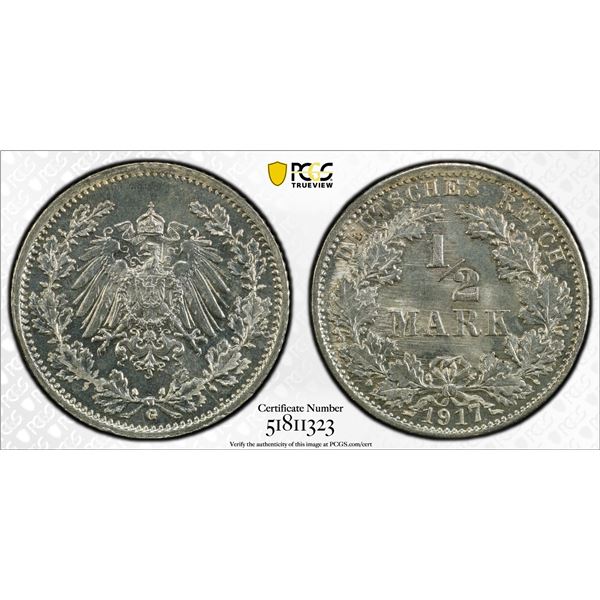 GERMANY: Kaiserreich, AR 1/2 mark, 1917-G, PCGS MS66