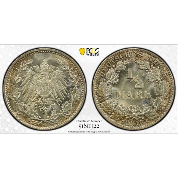 GERMANY: Kaiserreich, AR 1/2 mark, 1916-J, PCGS MS66