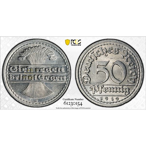 GERMANY: Weimar Republic, 50 pfennig, 1919-D, PCGS MS65
