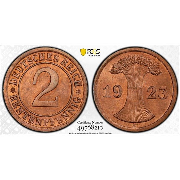 GERMANY: Weimar Republic, AE 2 rentenpfennig, Berlin, 1923-A, PCGS MS65 RB