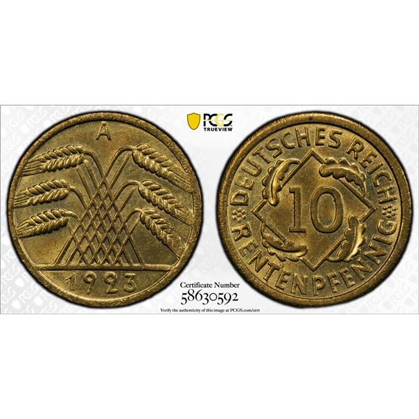 GERMANY: Weimar Republic, 10 rentenpfennig, 1923-A, PCGS MS65