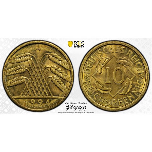 GERMANY: Weimar Republic, 10 rentenpfennig, 1924-A, PCGS MS65