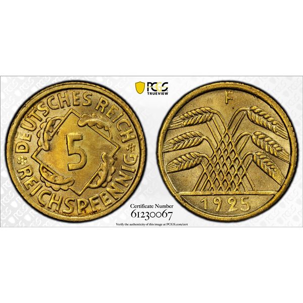 GERMANY: Weimar Republic, 5 reichspfennig, 1925-F, PCGS MS65