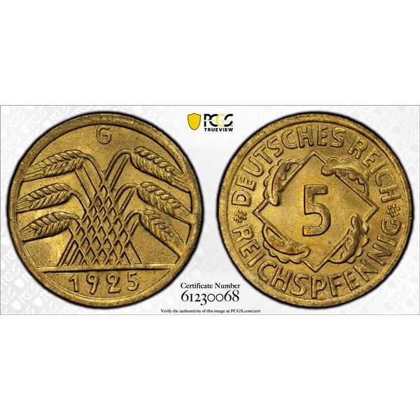 GERMANY: Weimar Republic, 5 reichspfennig, 1925-G, PCGS MS66