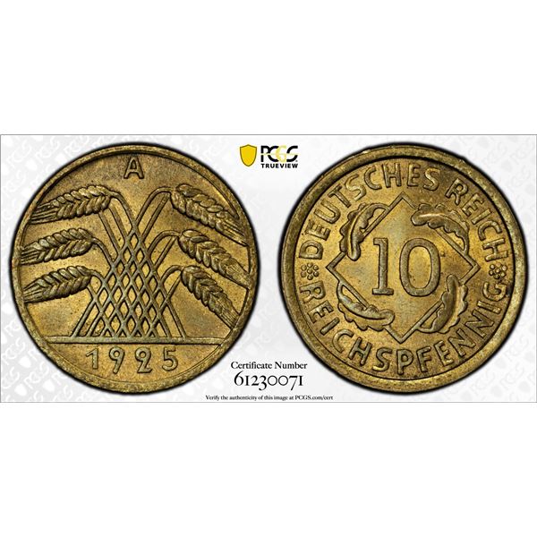GERMANY: Weimar Republic, 10 reichspfennig, 1925-A, PCGS MS65
