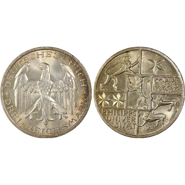 GERMANY: Weimar Republic, AR 3 reichsmark, Berlin, 1927-A, PCGS MS65