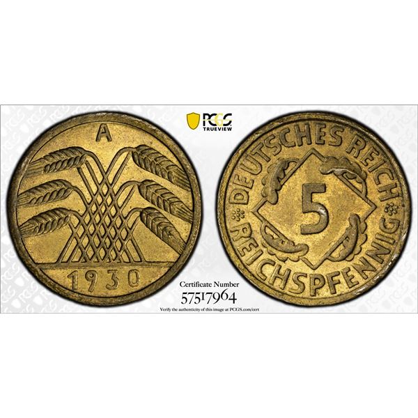 GERMANY: Weimar Republic, 5 reichspfennig, 1930-A, PCGS MS65
