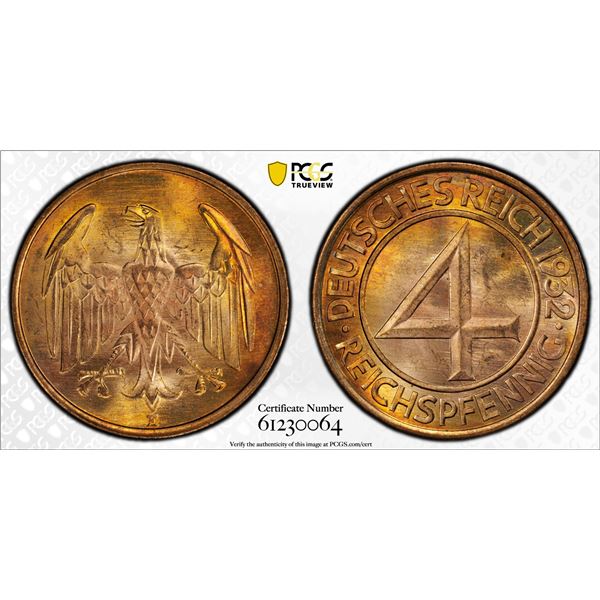 GERMANY: Weimar Republic, AE 4 reichspfennig, 1932-E, PCGS MS65 RB