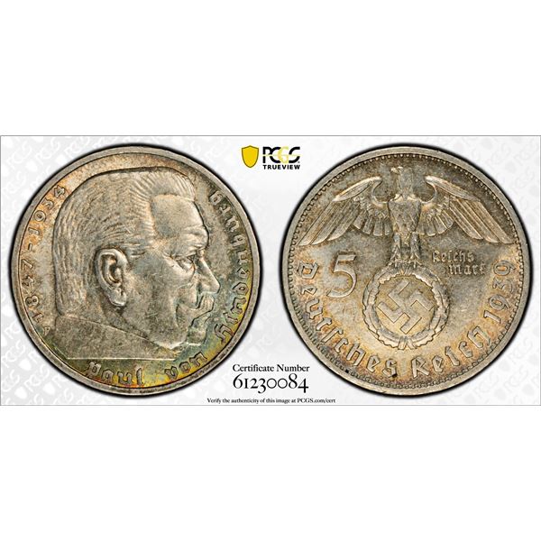 GERMANY: Third Reich, AR 5 reichsmark, 1933-F, PCGS AU58