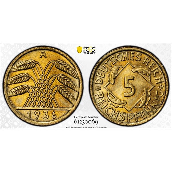 GERMANY: Weimar Republic, 5 reichspfennig, 1936-A, PCGS MS66