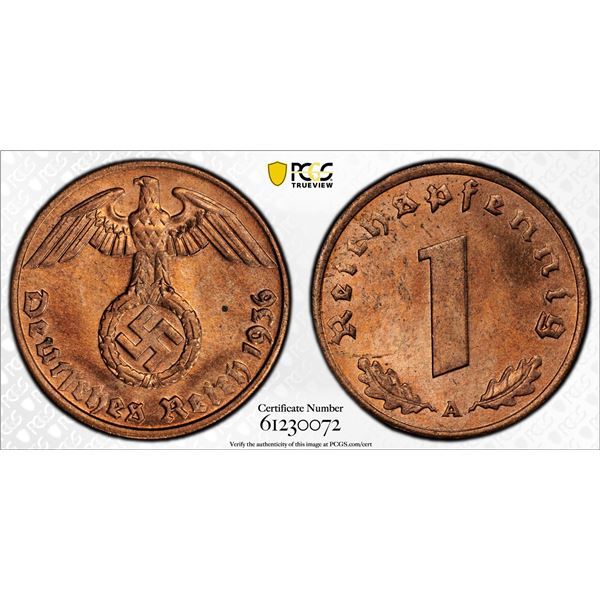 GERMANY: Third Reich, AE reichspfennig, 1936-A, PCGS MS65 RD