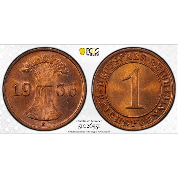 GERMANY: Third Reich, AE reichspfennig, 1936-E, PCGS MS65 RD