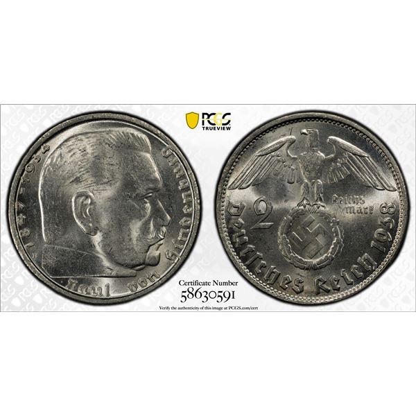 GERMANY: Third Reich, AR 2 reichsmark, 1938-B, PCGS MS63