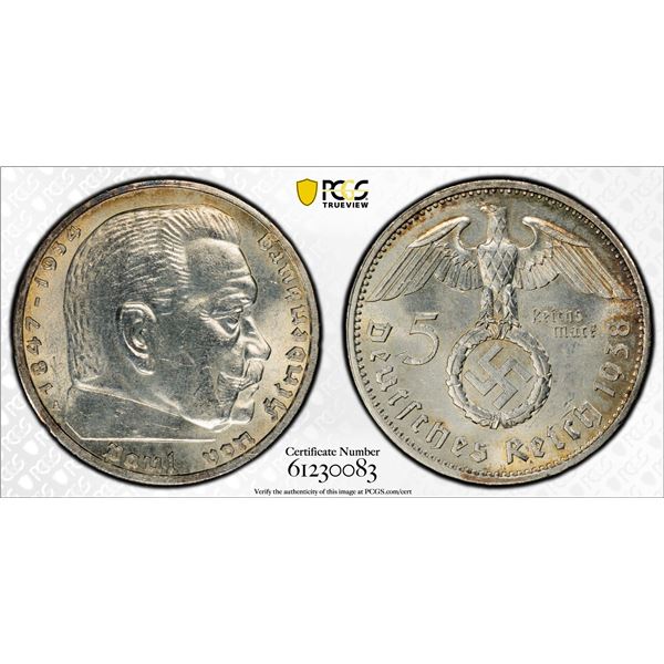 GERMANY: Third Reich, AR 5 reichsmark, 1938-A, PCGS MS62