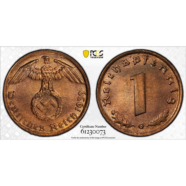 GERMANY: Third Reich, AE reichspfennig, 1939-G, PCGS MS65 RB