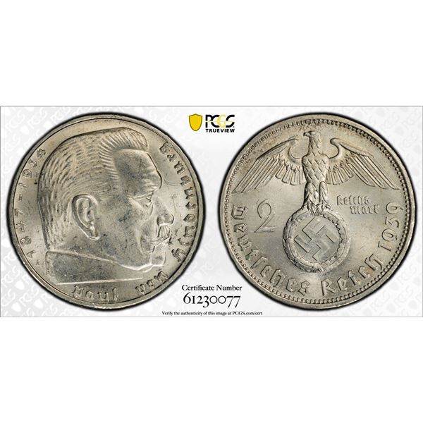GERMANY: Third Reich, AR 2 reichsmark, 1939-A, PCGS MS64