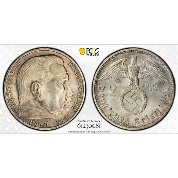 GERMANY: Third Reich, AR 2 reichsmark, 1939-F, PCGS MS64