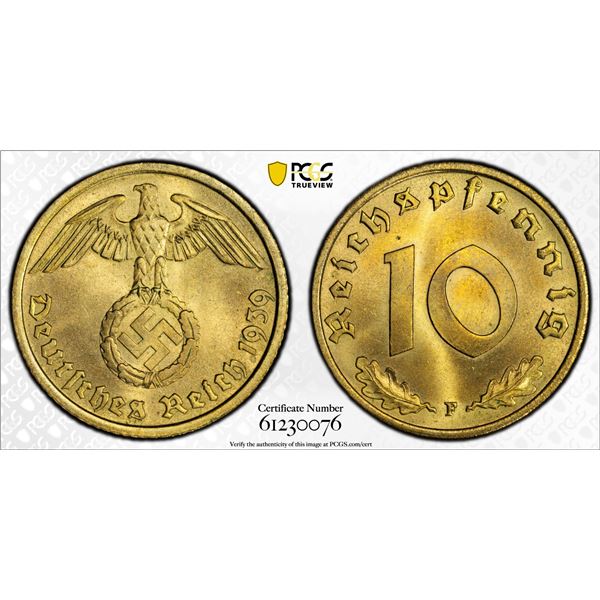 GERMANY: Third Reich, 10 reichspfennig, 1939-F, PCGS MS65