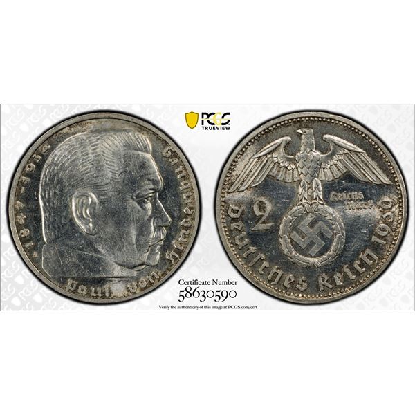 GERMANY: Third Reich, AR 2 reichsmark, 1939-A, PCGS MS62