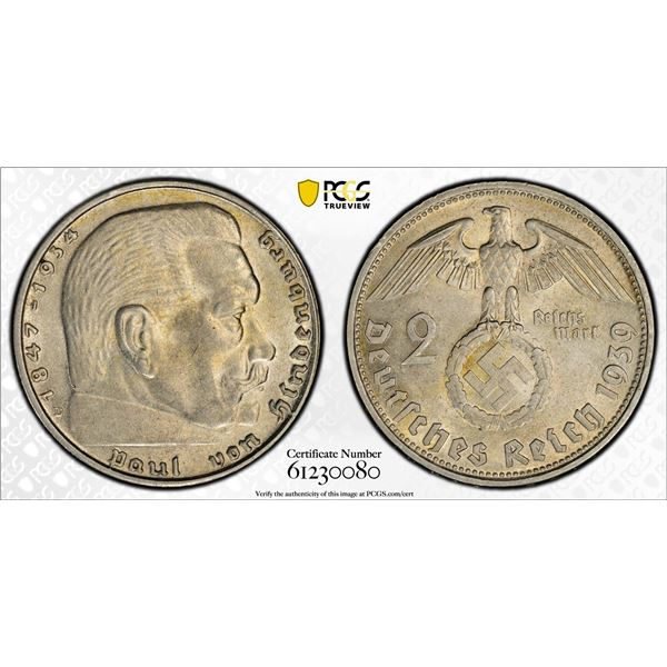 GERMANY: Third Reich, AR 2 reichsmark, 1939-D, PCGS AU58
