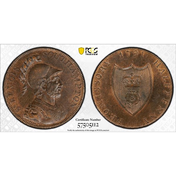 GREAT BRITAIN: AE halfpenny token, 1791, PCGS MS63 BN