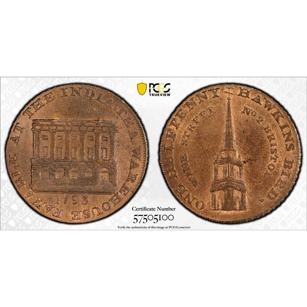 GREAT BRITAIN: AE halfpenny token, 1793, PCGS MS64 RB