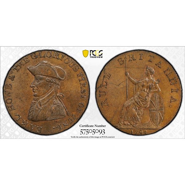 GREAT BRITAIN: AE halfpenny token, 1794, PCGS MS64 BN