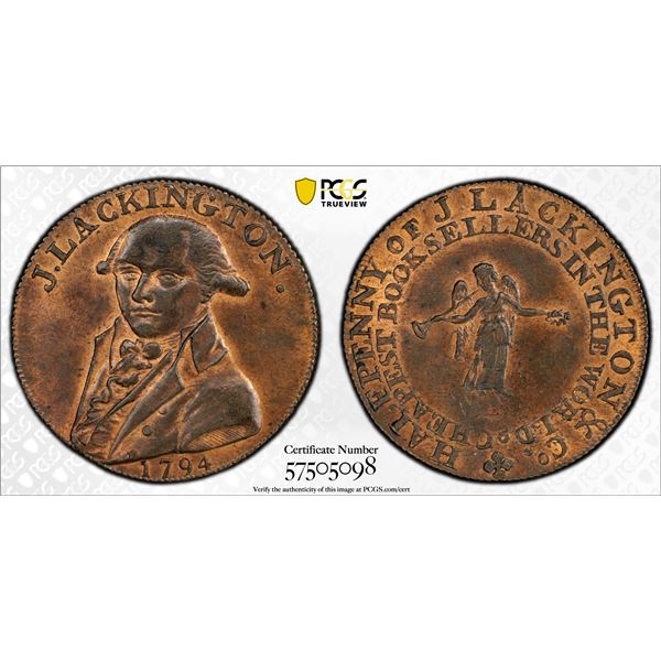 GREAT BRITAIN: AE halfpenny token, 1794, PCGS MS64 RB