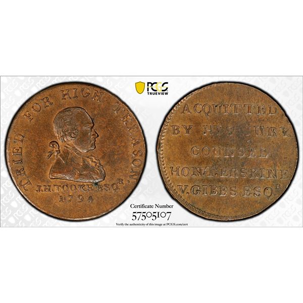GREAT BRITAIN: AE halfpenny token, 1794, PCGS MS64 BN