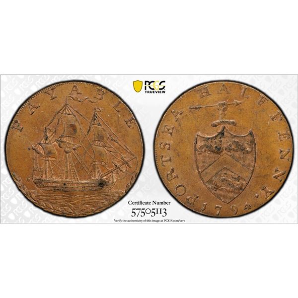 GREAT BRITAIN: AE halfpenny token, 1794, PCGS MS63 BN