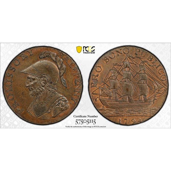 GREAT BRITAIN: AE halfpenny token, 1794, PCGS MS63 BN