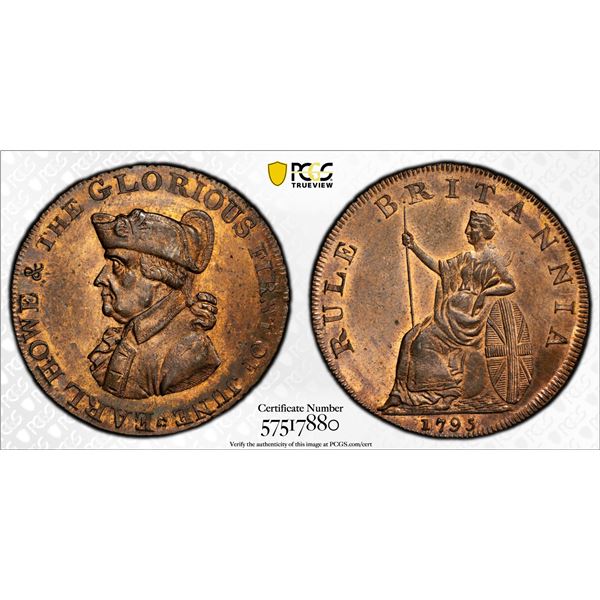 GREAT BRITAIN: AE 1/2 penny token, 1795, PCGS MS65 RB
