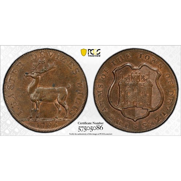GREAT BRITAIN: AE halfpenny token, 1796, PCGS MS63 BN