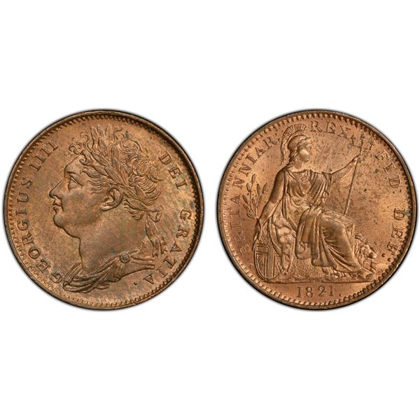 GREAT BRITAIN: George III, 1760-1820, AE farthing, 1821, PCGS MS64 RB