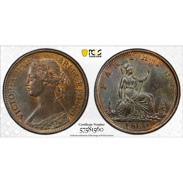 GREAT BRITAIN: Victoria, 1837-1901, AE farthing, 1860, PCGS MS64 RB