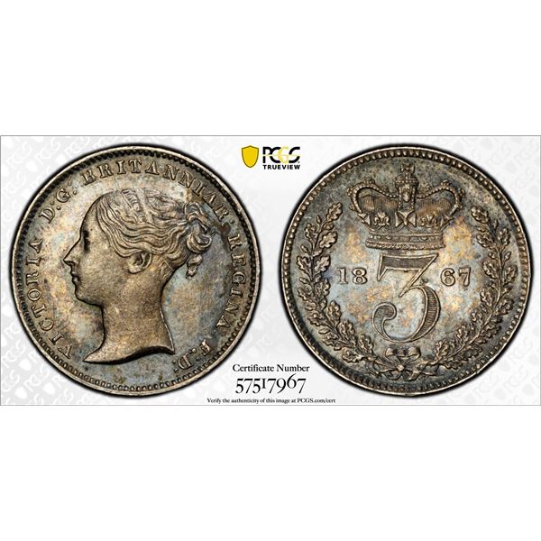 GREAT BRITAIN: Victoria, 1837-1901, AR 3 pence, 1867, PCGS MS63
