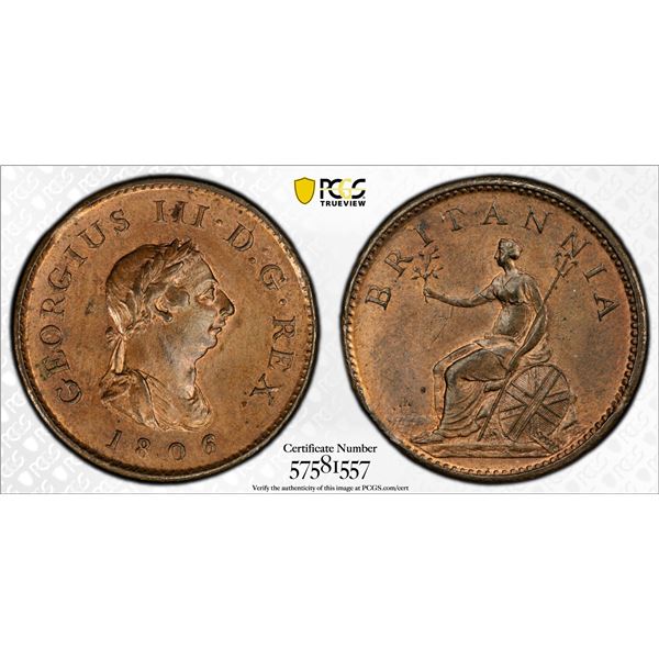 GREAT BRITAIN: George III, 1760-1820, AE farthing, 1806, PCGS MS63 RB