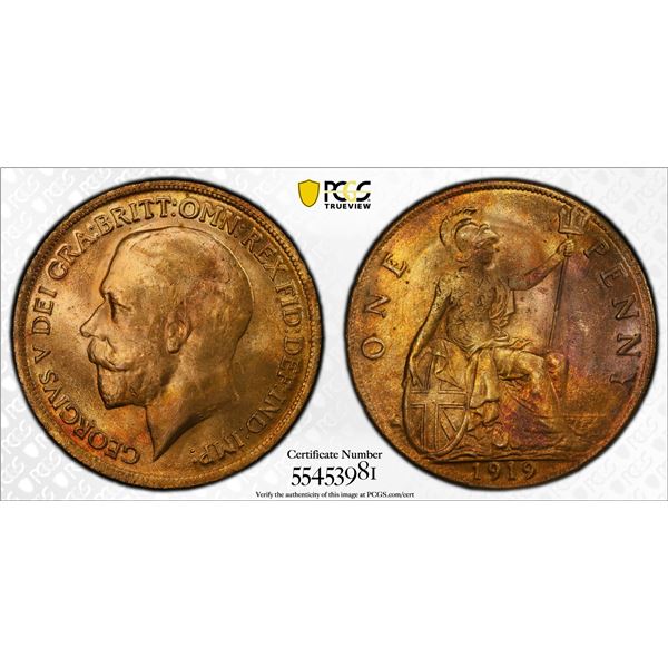 GREAT BRITAIN: George V, 1910-1936, AE penny, 1919, PCGS MS64 RD