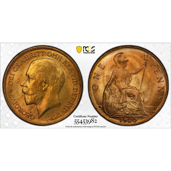 GREAT BRITAIN: George V, 1910-1936, AE penny, 1920, PCGS MS64 RD