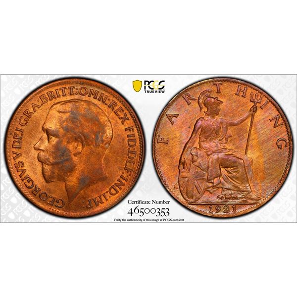 GREAT BRITAIN: George V, 1910-1936, AE farthing, 1921, PCGS MS64 RB