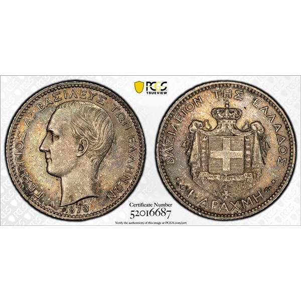GREECE: George I, 1863-1913, AR 2 drachmai, 1873-A, PCGS AU58