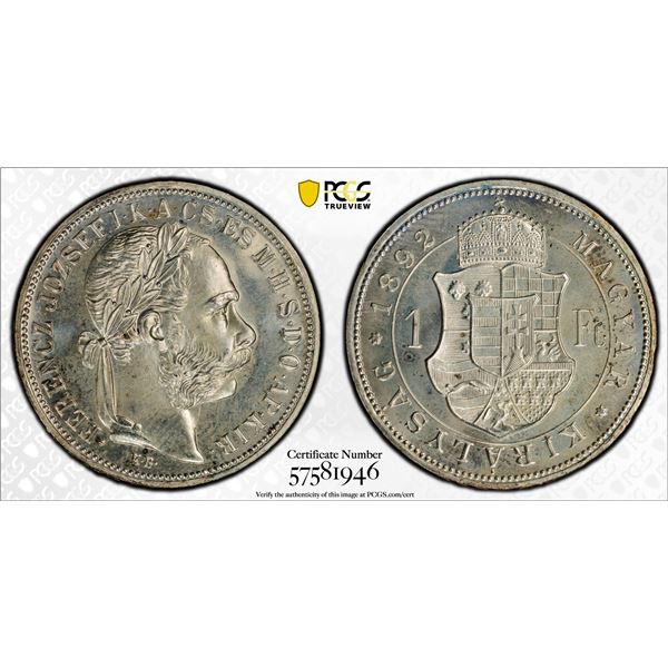 HUNGARY: Franz Joseph I, 1848-1916, AR forint, 1892-KB, PCGS Proof 65