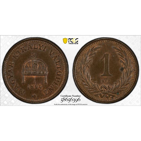 HUNGARY: Ferenc József I, 1848-1916, AE fillér, 1894-KB, PCGS MS63 BN