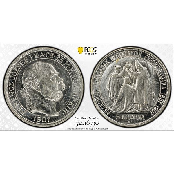 HUNGARY: Franz Josef I, 1848-1916, AR 5 korona, 1907-KB, PCGS MS61