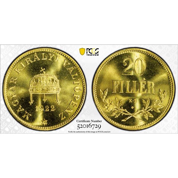 HUNGARY: Nicolas Horthy, Regent, 1920-1944, 20 filler, 1922-KB, PCGS Proof 65
