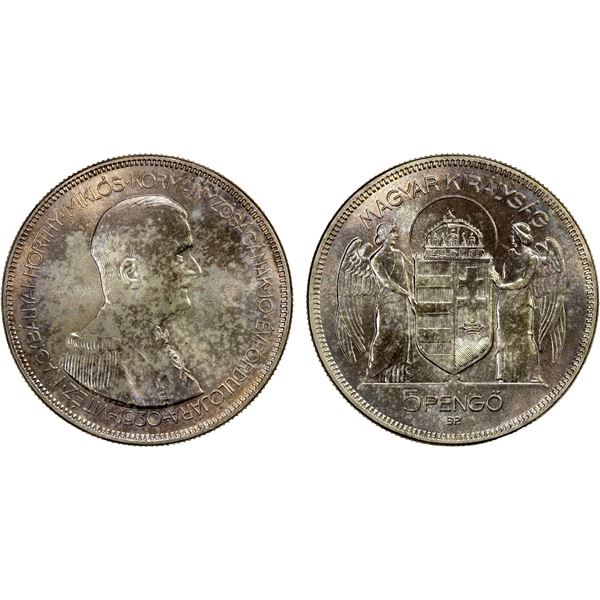HUNGARY: Nicolas Horthy, Regent, 1920-1944, AR 5 pengo, 1930-BP, Brilliant UNC